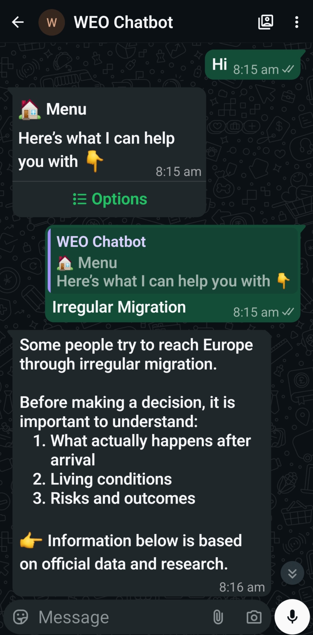 CERIM WhatsApp chatbot conversation showing returnee story content