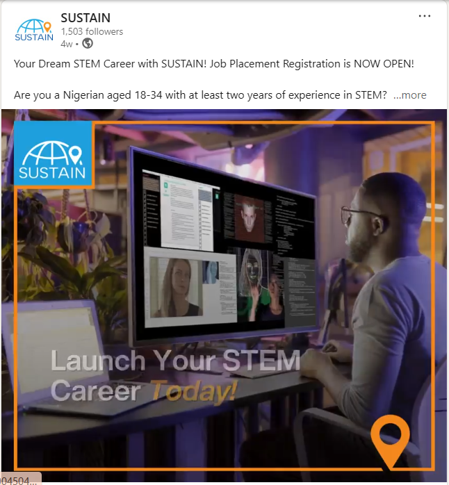 SUSTAIN LinkedIn campaign – Join SUSTAIN: Linking Nigerian Talent to STEM Jobs in Germany and Ireland
